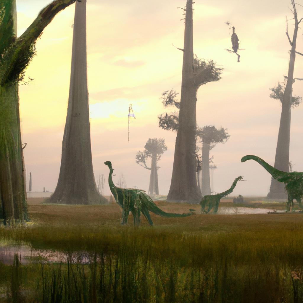 A lush green landscape with tall trees and dinosaurs roaming around.