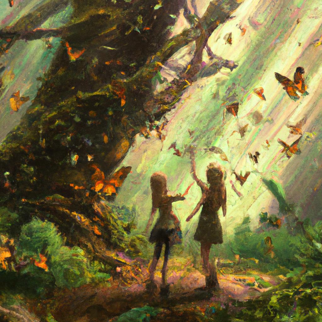 Two friends, Lily and Leo, exploring the woods in a cozy village by the forest, sharing secrets and laughing.