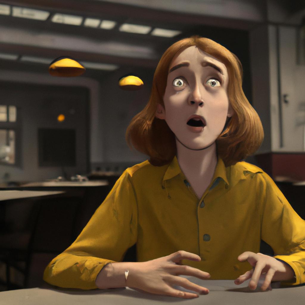 A girl named Ameena sitting at a table in a restaurant, looking surprised.