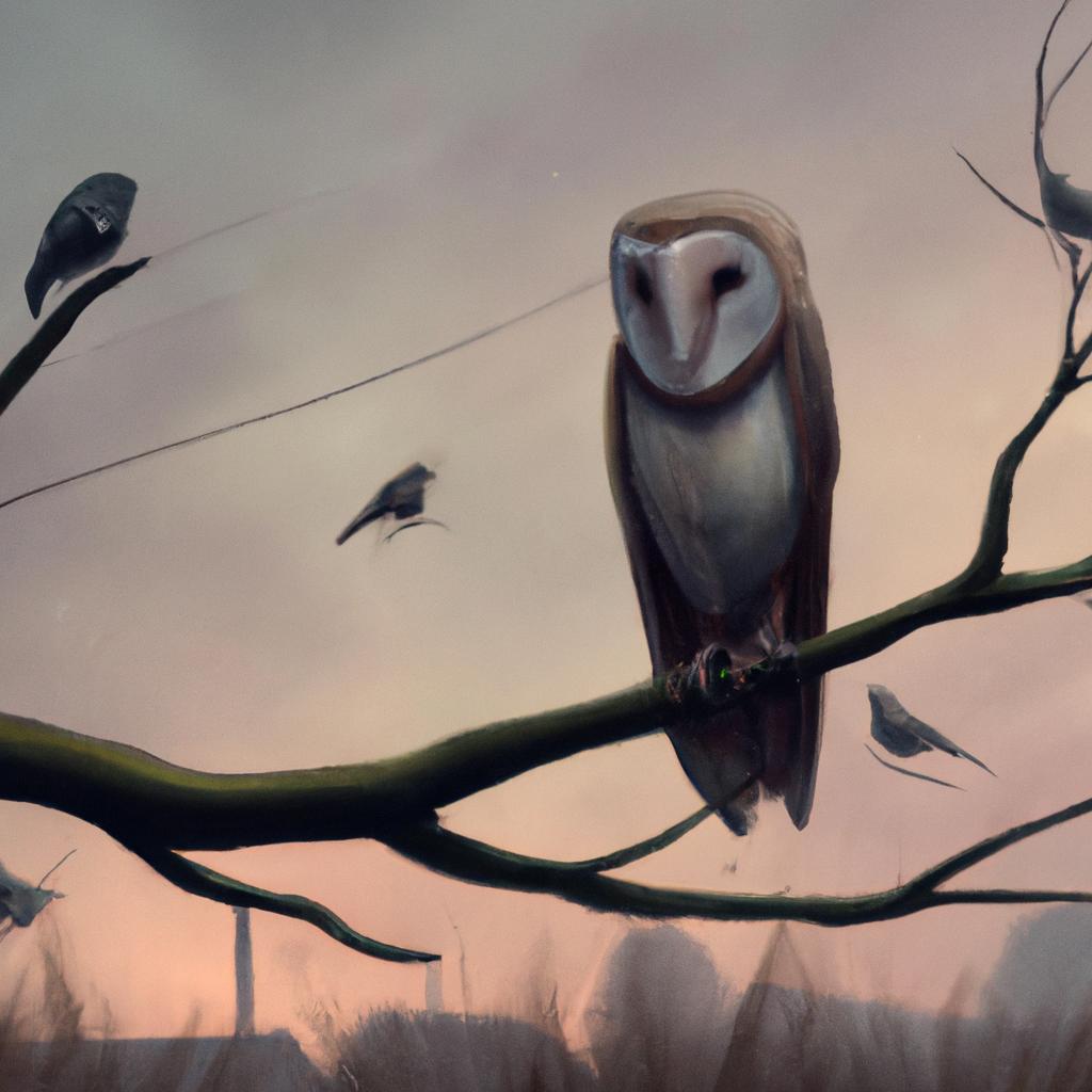 A grumpy barn owl sitting on a branch, hooting loudly at a group of crows. The owl has a disapproving expression on its face.
