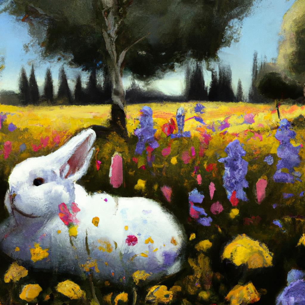 A fluffy white bunny waking up in a sunlit meadow filled with colorful blooming flowers.