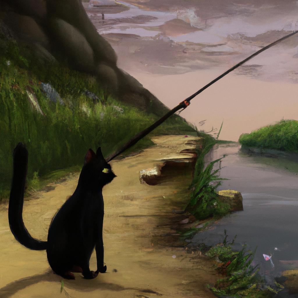 A sleek black cat with bright green eyes standing by a river with a fishing rod in its mouth, looking eager to fish.