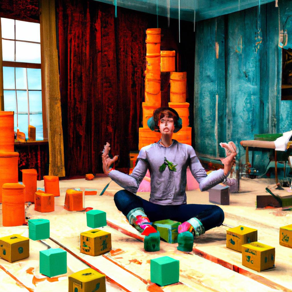 A cheerful boy in a room filled with colorful yoga mats and blocks, surrounded by soft music for his practice.