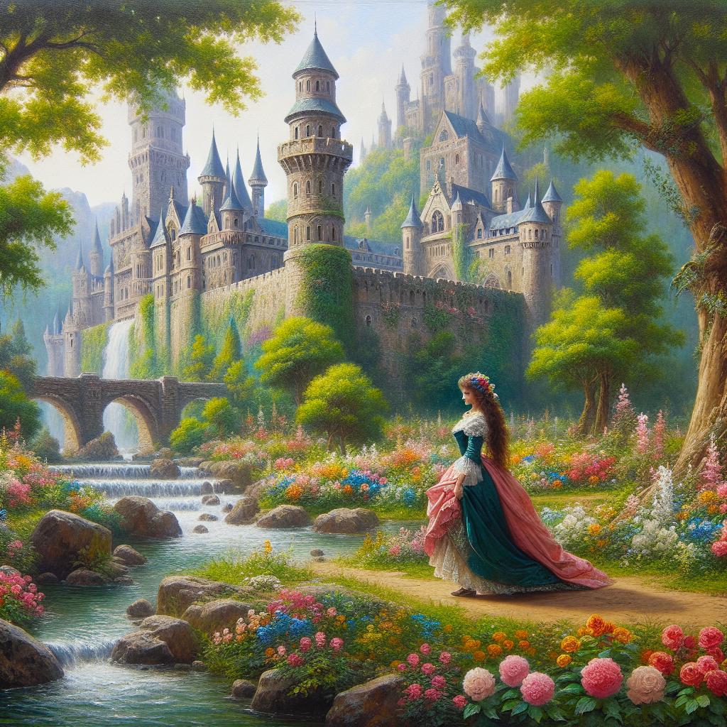 Una princesa caminando en los jardines del castillo, rodeada de flores coloridas y un arroyo cristalino.