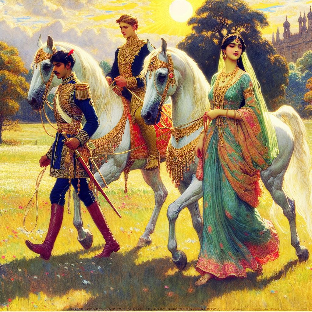 Un príncipe y una princesa paseando juntos por un campo soleado, montando elegantes caballos blancos.
