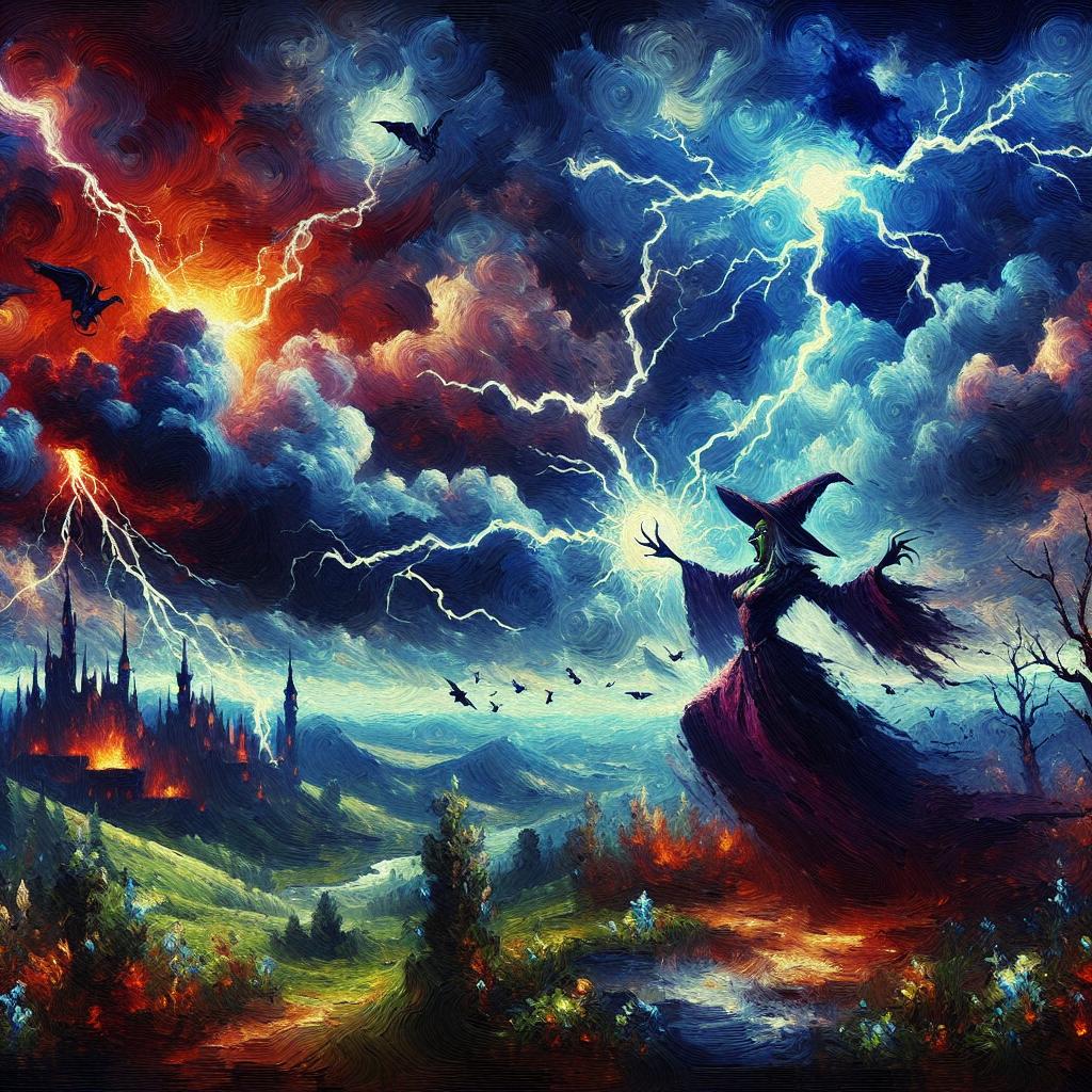 Una bruja malvada lanzando un hechizo sobre el reino, con relámpagos y nubes oscuras en el cielo.
