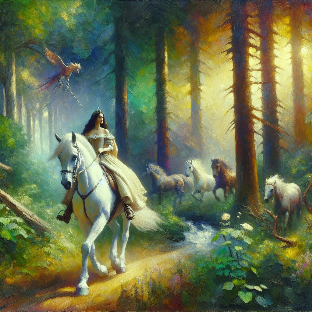 Una princesa valiente cabalgando en un corcel blanco a través de un bosque encantado, enfrentando criaturas mágicas.
