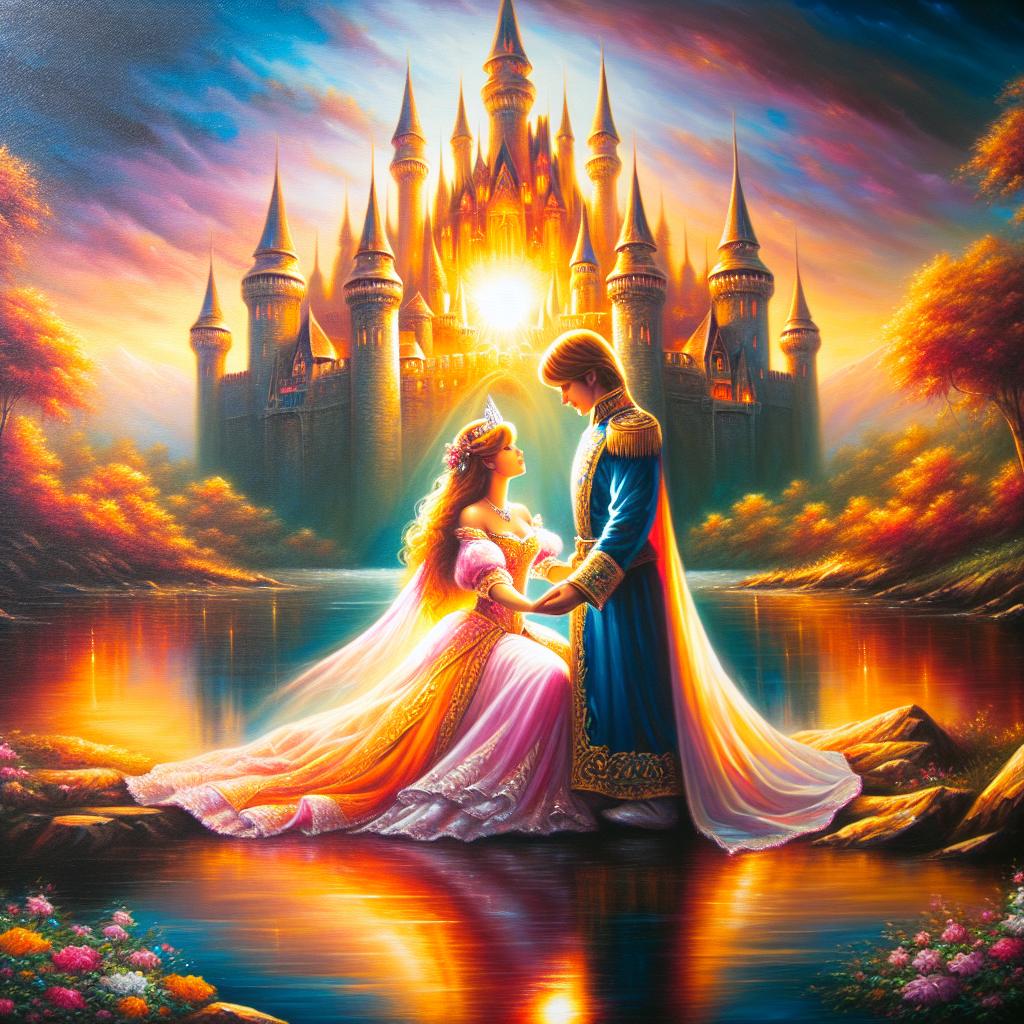 La princesa e el príncipe abrazados frente al castillo, con el sol brillando sobre ellos y el reino en paz.