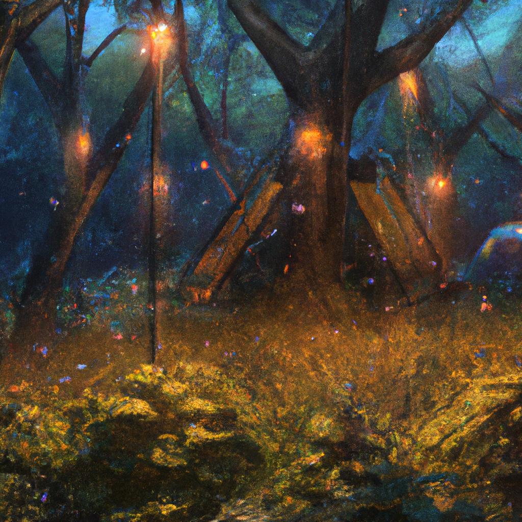Un bosque lleno de árboles mágicos y luciérnagas brillantes iluminando el paisaje.