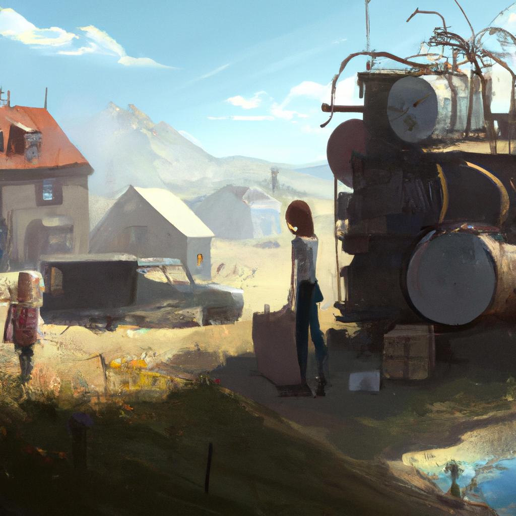 A small village nestled in rolling hills with a girl named Emily doing chores with her stepmother and stepsisters nearby.