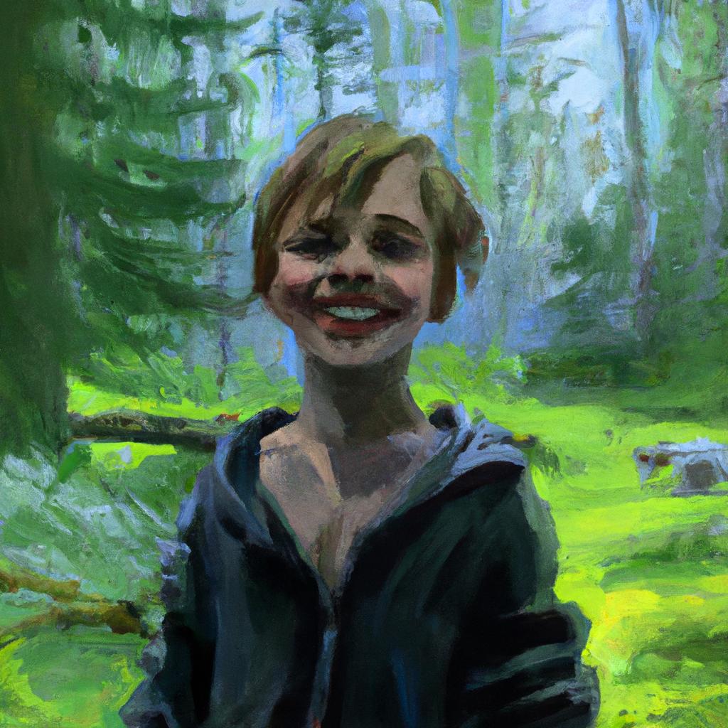 A young boy named Fynn with a mischievous smile standing in a lush green forest, his eyes filled with curiosity and excitement.