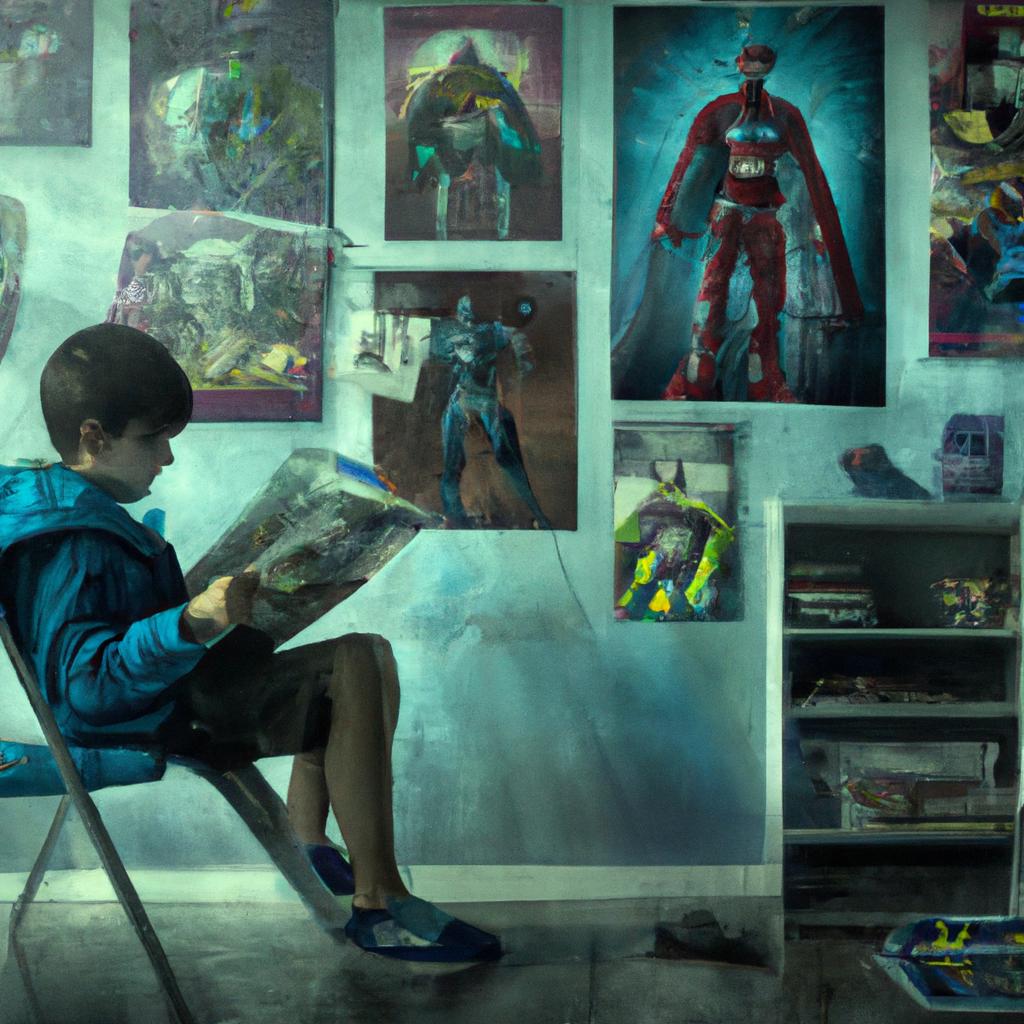 A young boy reading comic books and watching superhero movies, surrounded by posters of superheroes on the wall.
