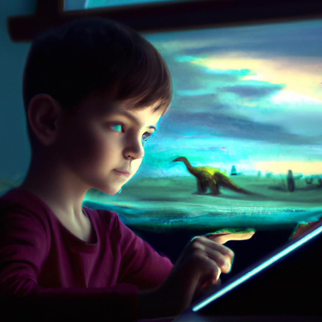 A curious boy with a sparkle in his eyes, gazing at a tablet filled with images of dinosaurs and space.