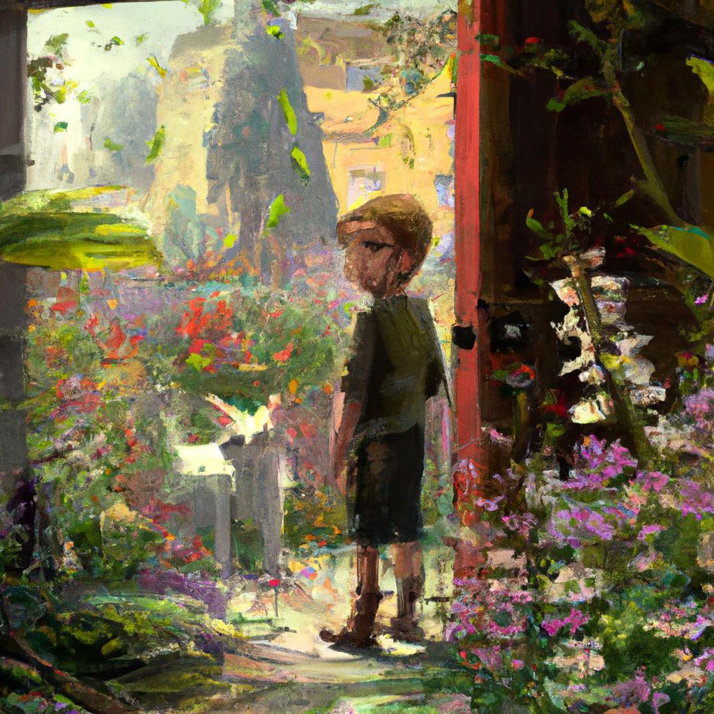 A boy surrounded by lush green trees and colorful flowers, with a tiny kitten meowing near his doorstep.