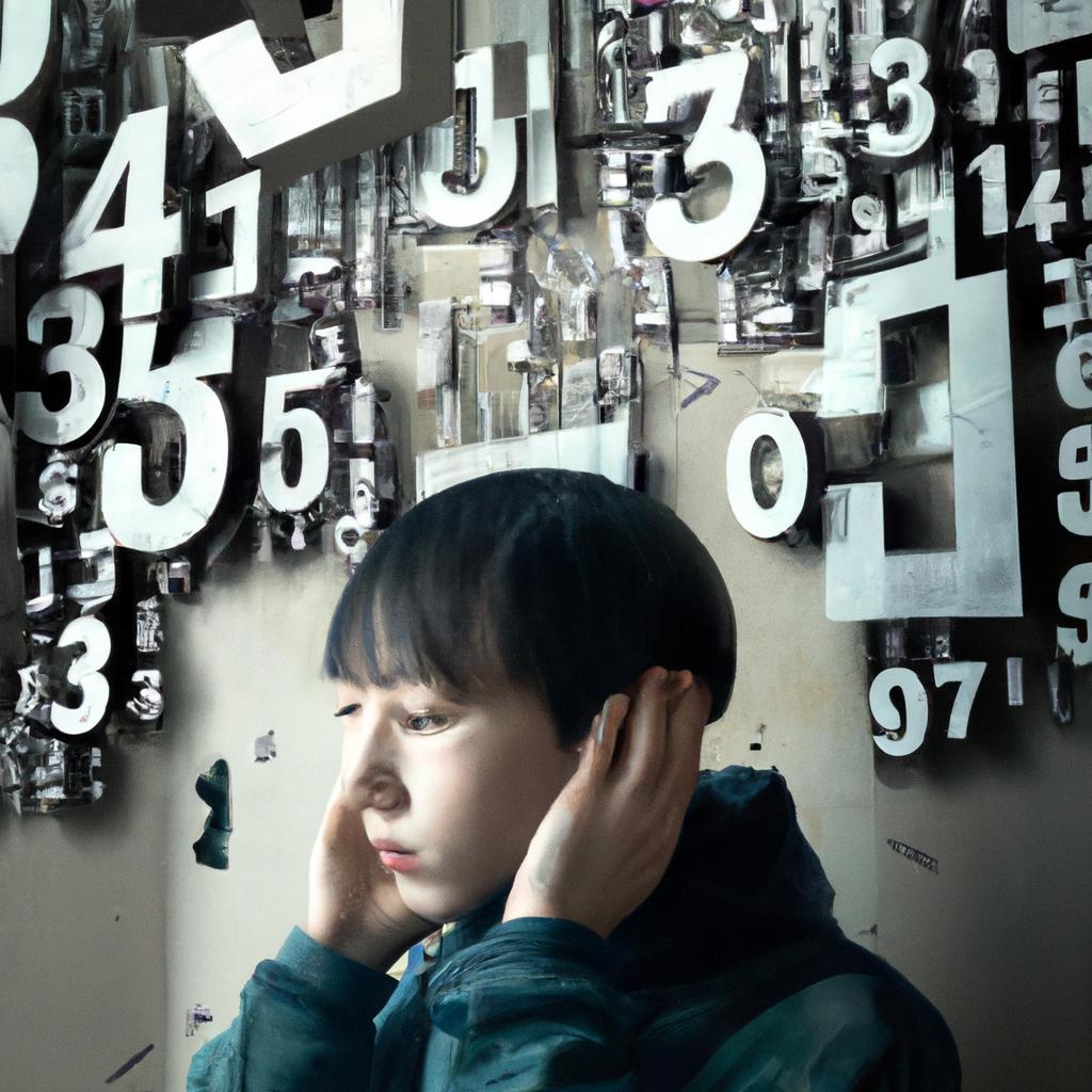 A boy with a thoughtful expression surrounded by numbers and patterns, covering his ears from loud noises.