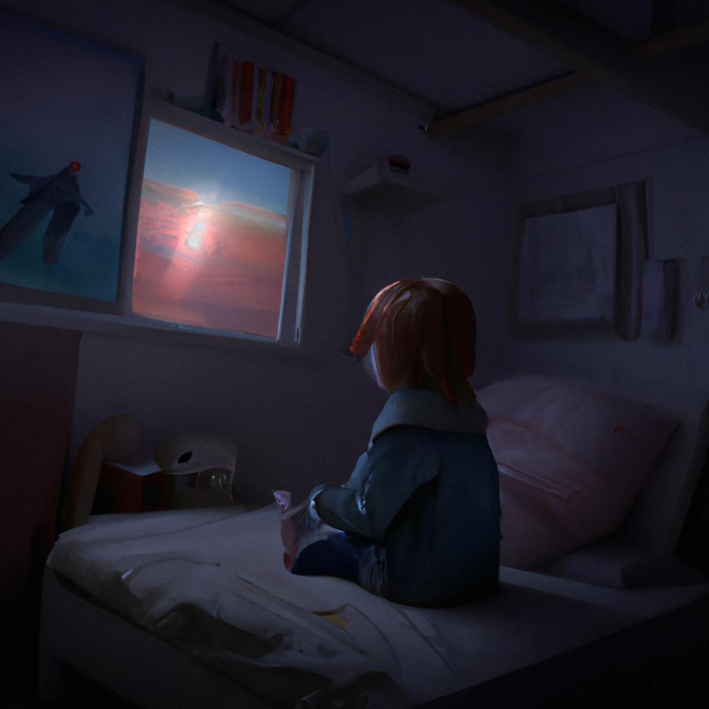 Una bambina con gli occhi spalancati nel letto, tenendo in mano un pupazzo. Sulla parete, c'è un poster luminoso di una stella cadente.