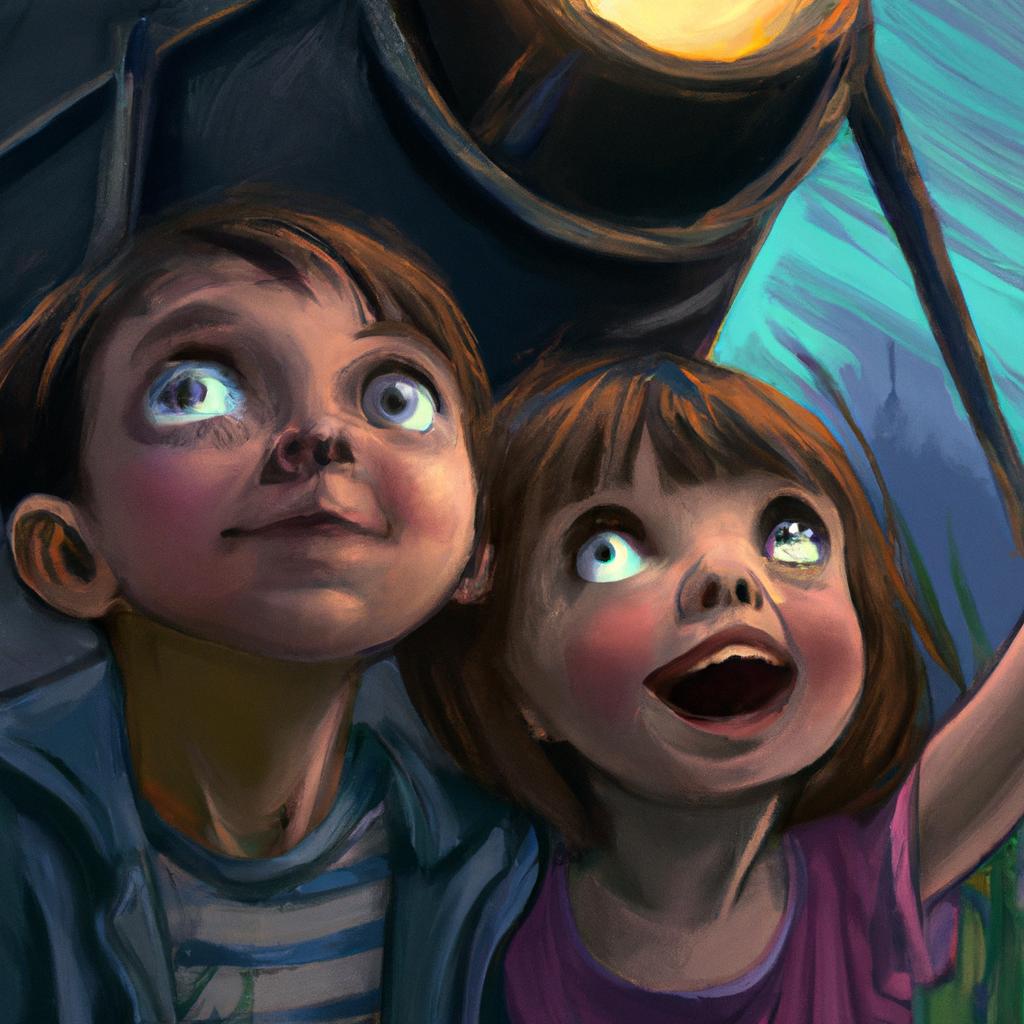 Two young children, Daisy and Danny, with wide eyes and big smiles, looking up at a rocket in the sky.