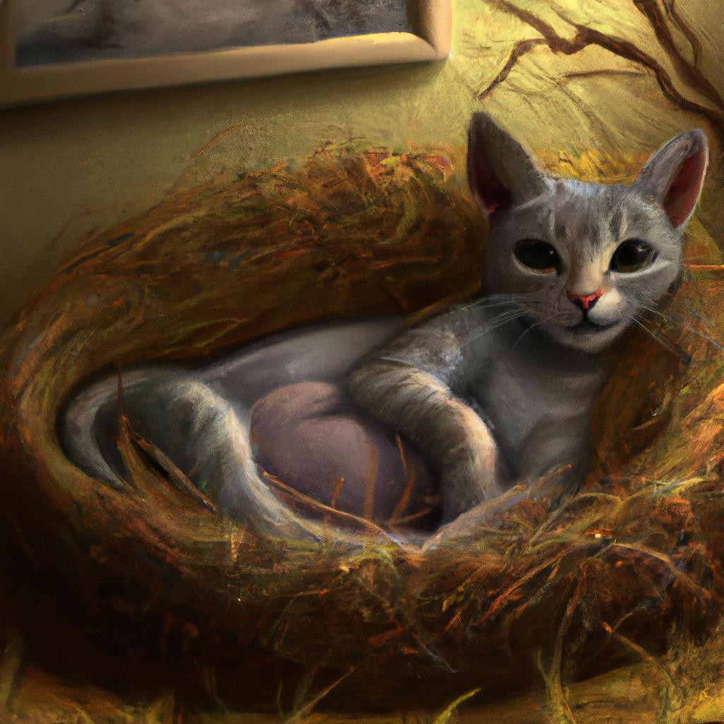A sleek grey tabby cat, Lulu, resting comfortably in her cozy nest at home, gently nuzzling her growing belly.