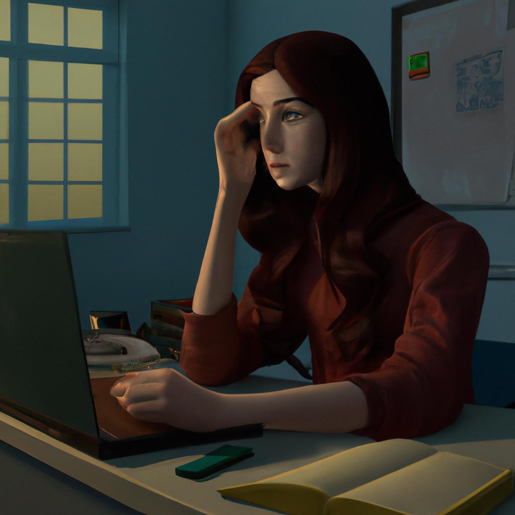 A 20-year-old college girl named Max studying at a desk with books and a laptop. She looks stressed but determined.