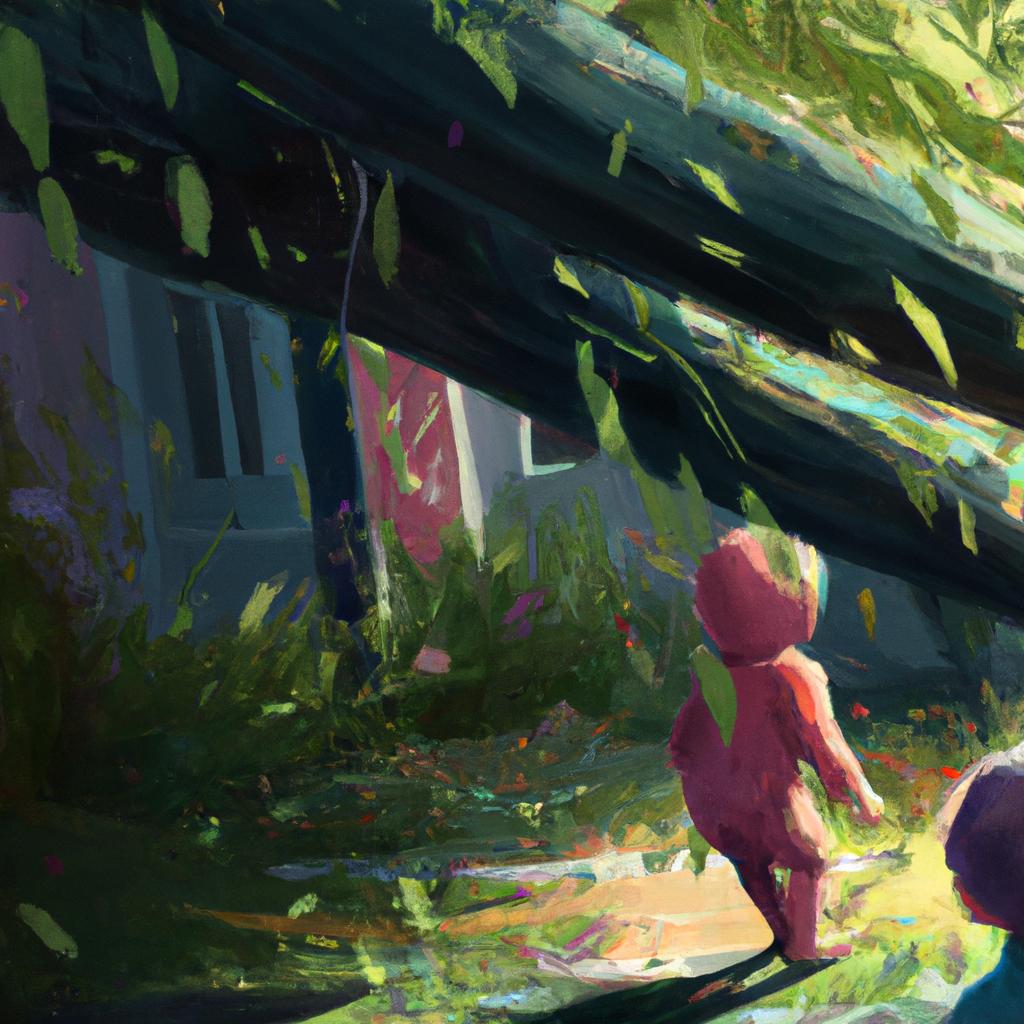 Children playing hide and seek in a colorful park filled with trees and bushes.