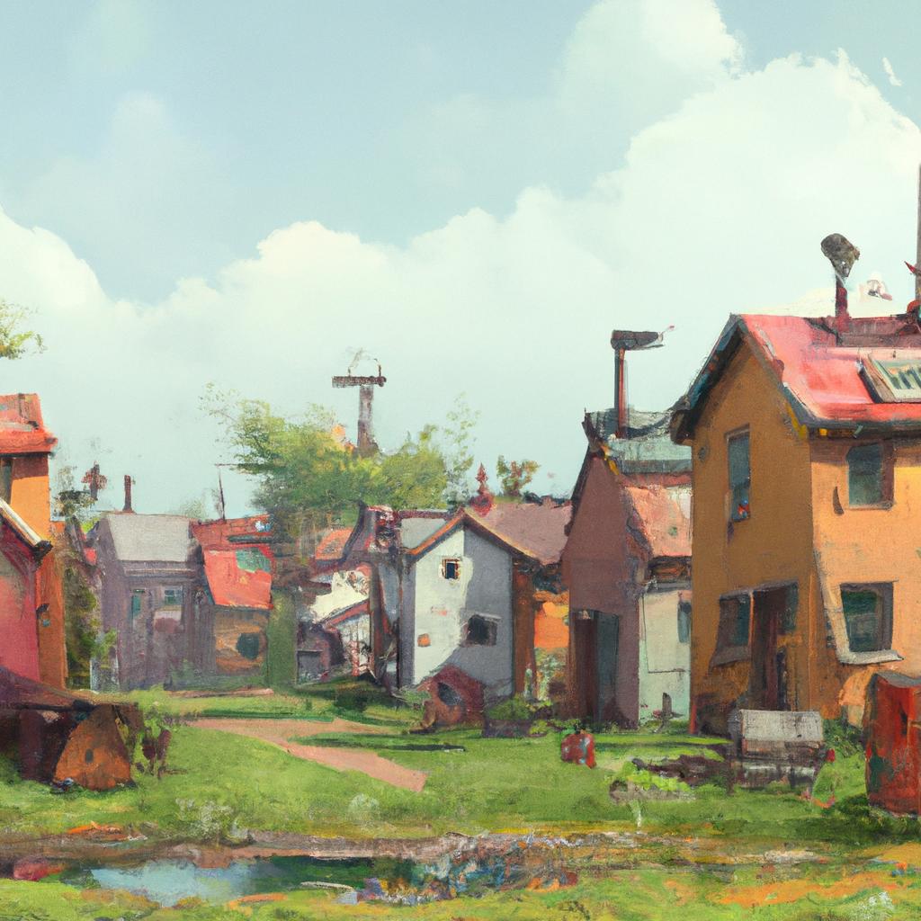 A small, colorful village with cheerful houses and lush gardens.