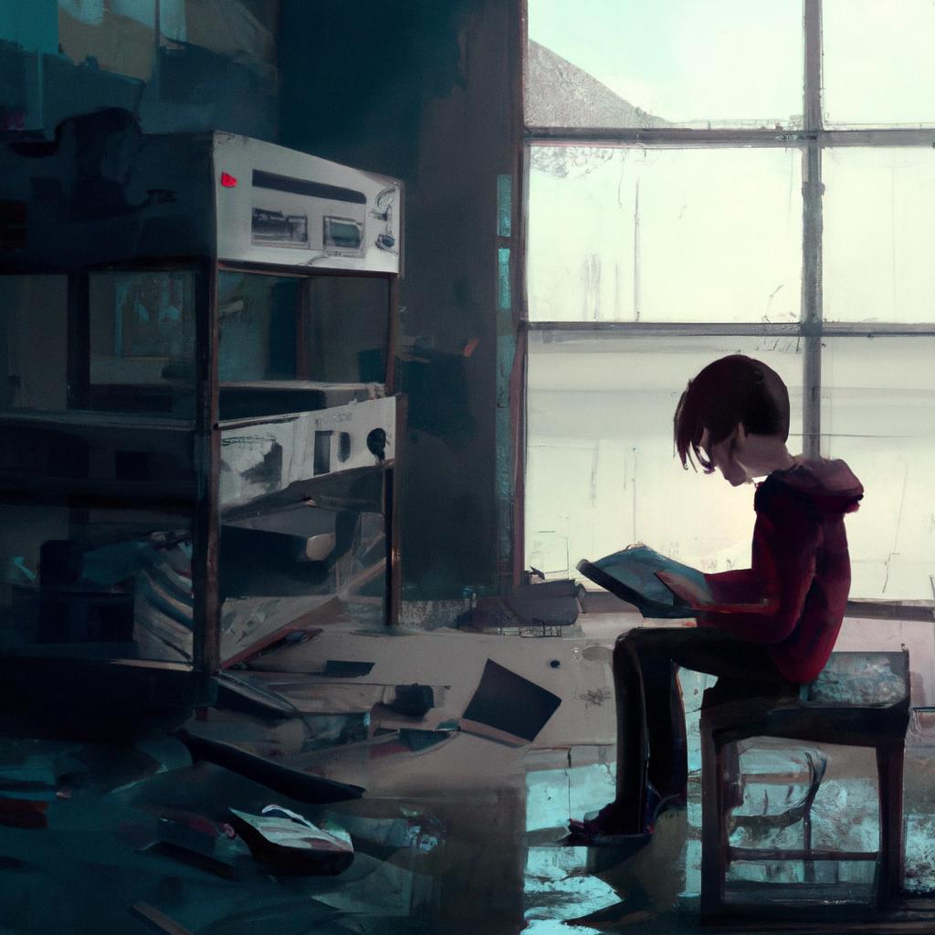 A curious young boy exploring technology with gadgets and books.