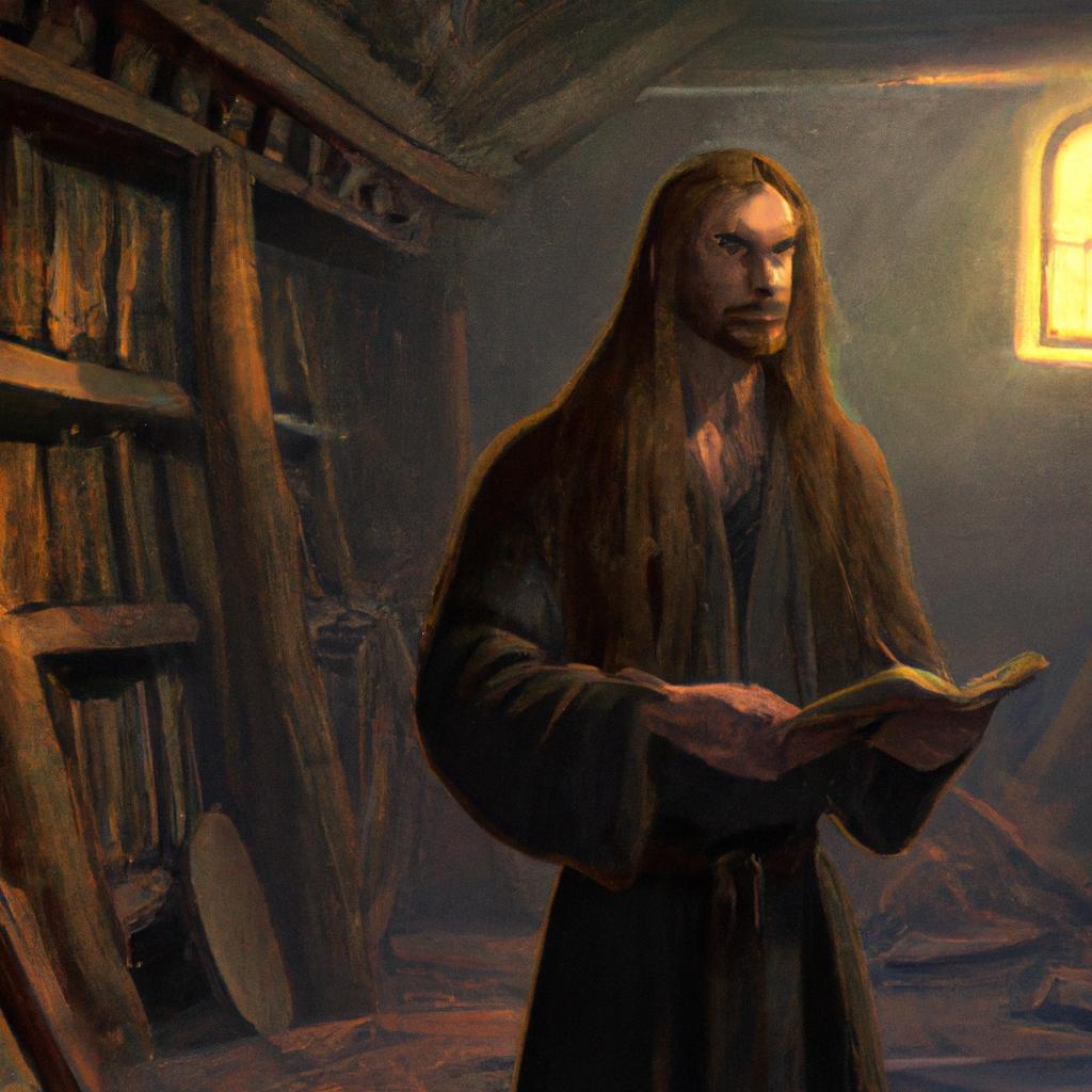 A strong man with long hair and gentle eyes teaching in a sacred space filled with ancient books and scrolls.
