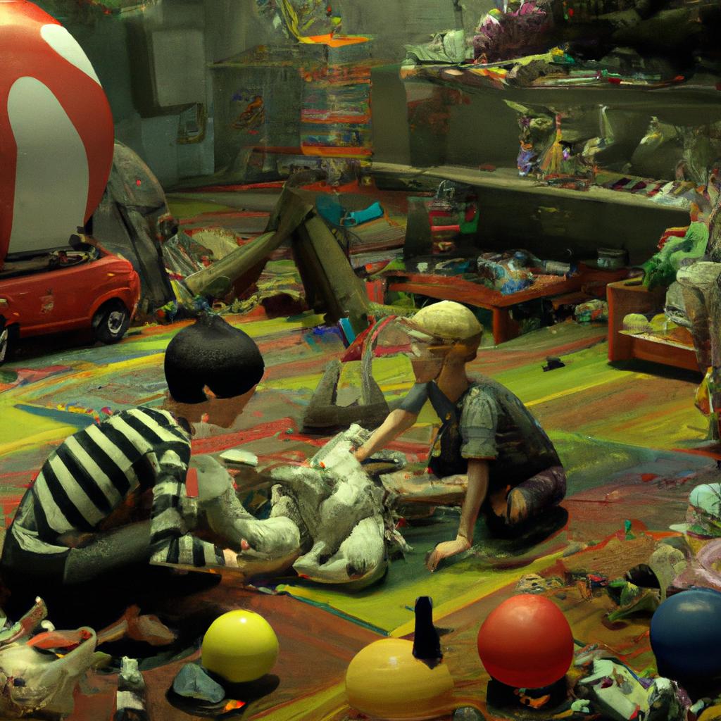 A happy friend sharing toys and playing together in a colorful room filled with toys.