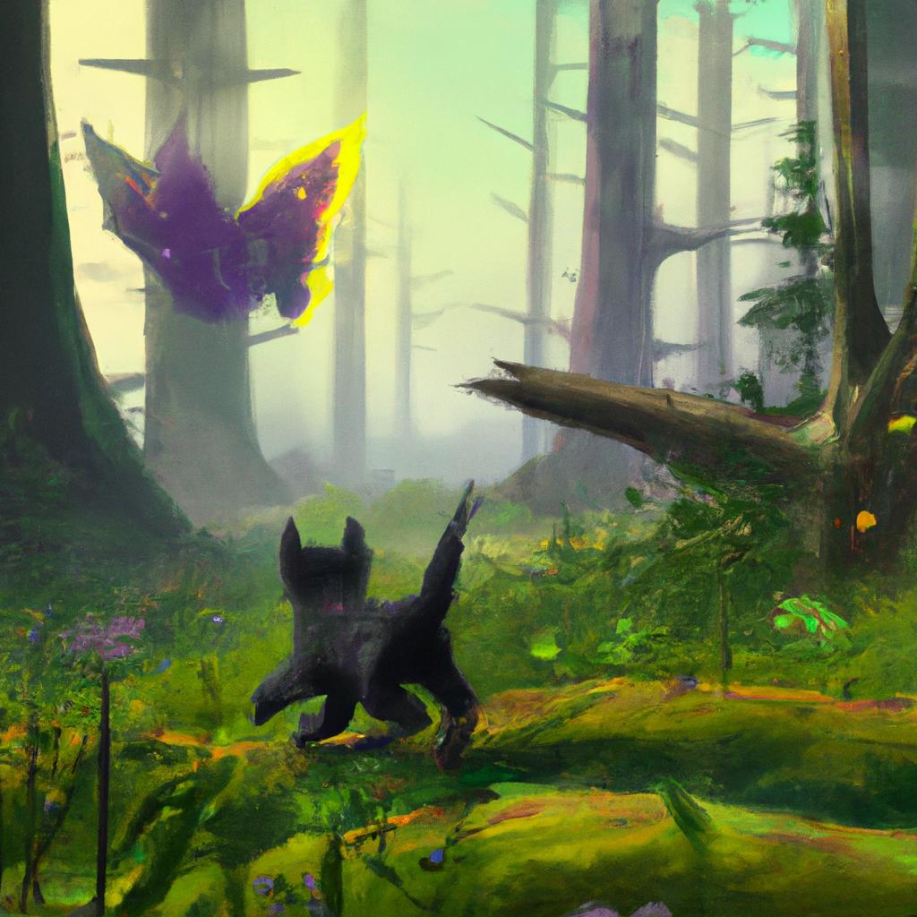Um filhote de lobo correndo atrás de uma borboleta colorida na floresta densa.