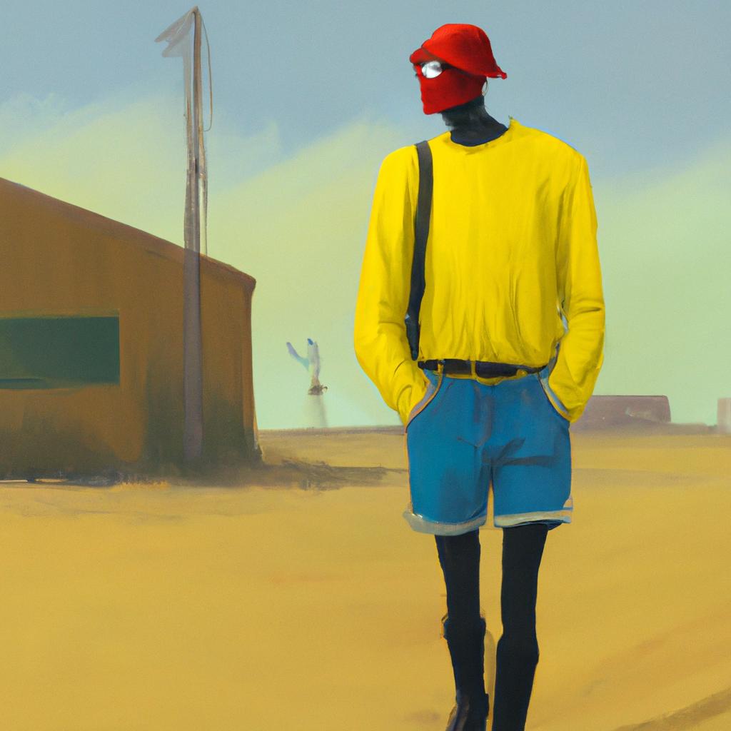 Um homem com capa vermelha e borda azul, camisa laranja e short amarelo, cordão verde.