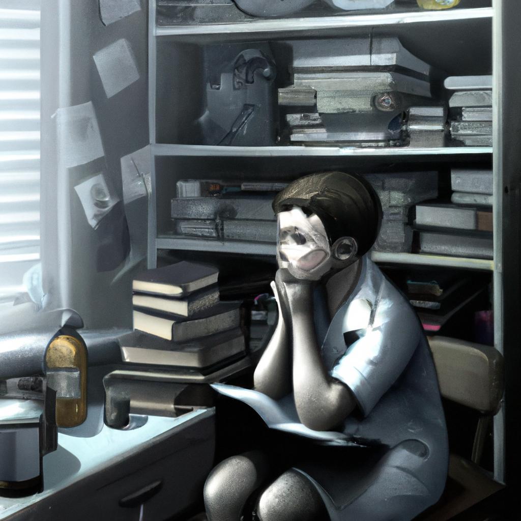 Um menino pensando em ser médico, com livros de medicina ao seu redor.