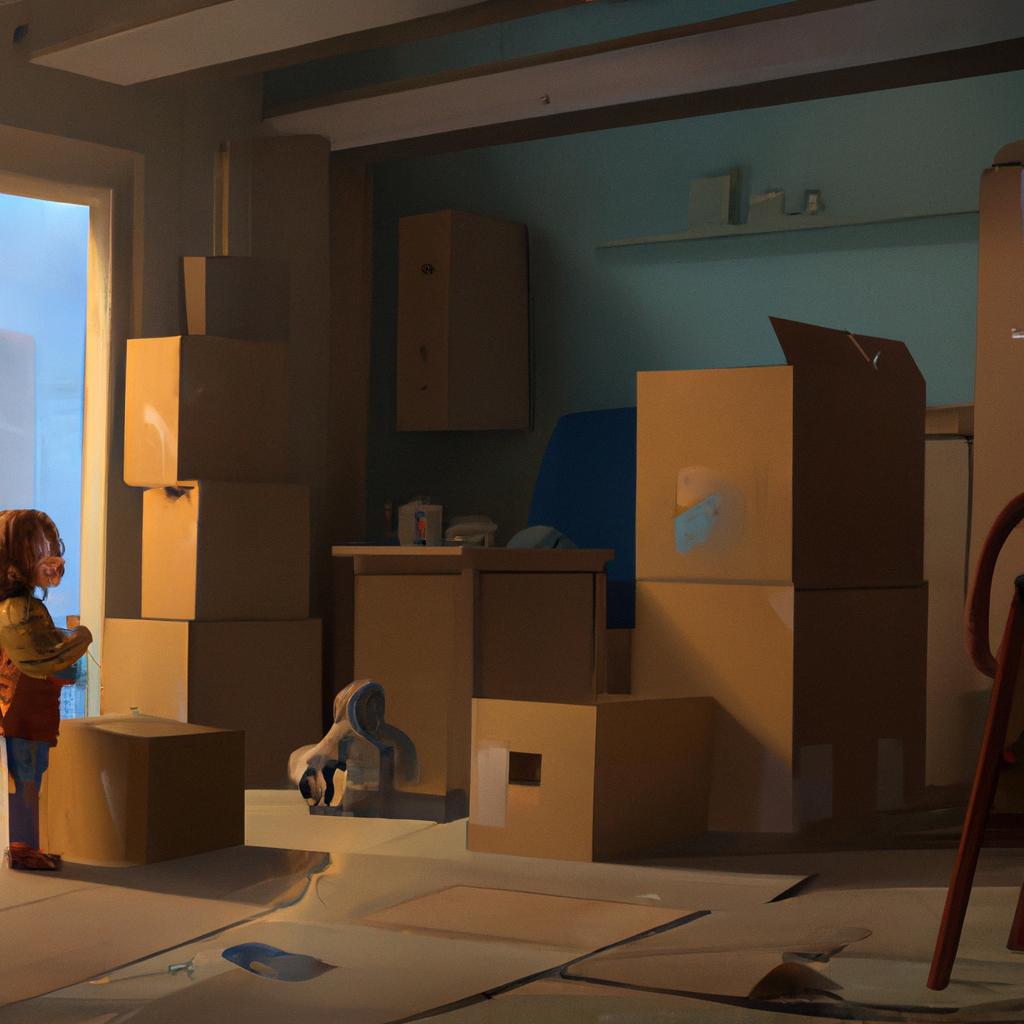 A scared five-year-old girl looking worried as her parents pack boxes for moving to a new city.