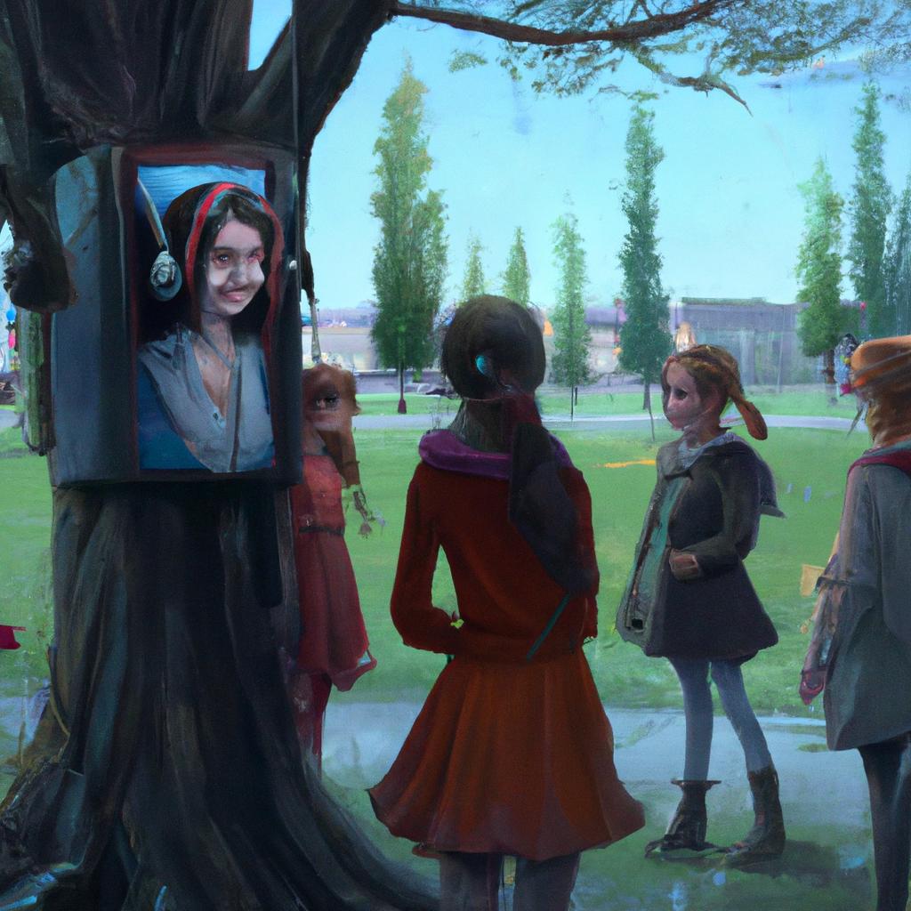 A girl speaking happily in a park with friends smiling around her.