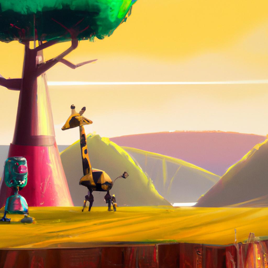 Robo the Robot and Gigi the Giraffe standing in a colorful, animated world with trees, hills, and a bright sun.