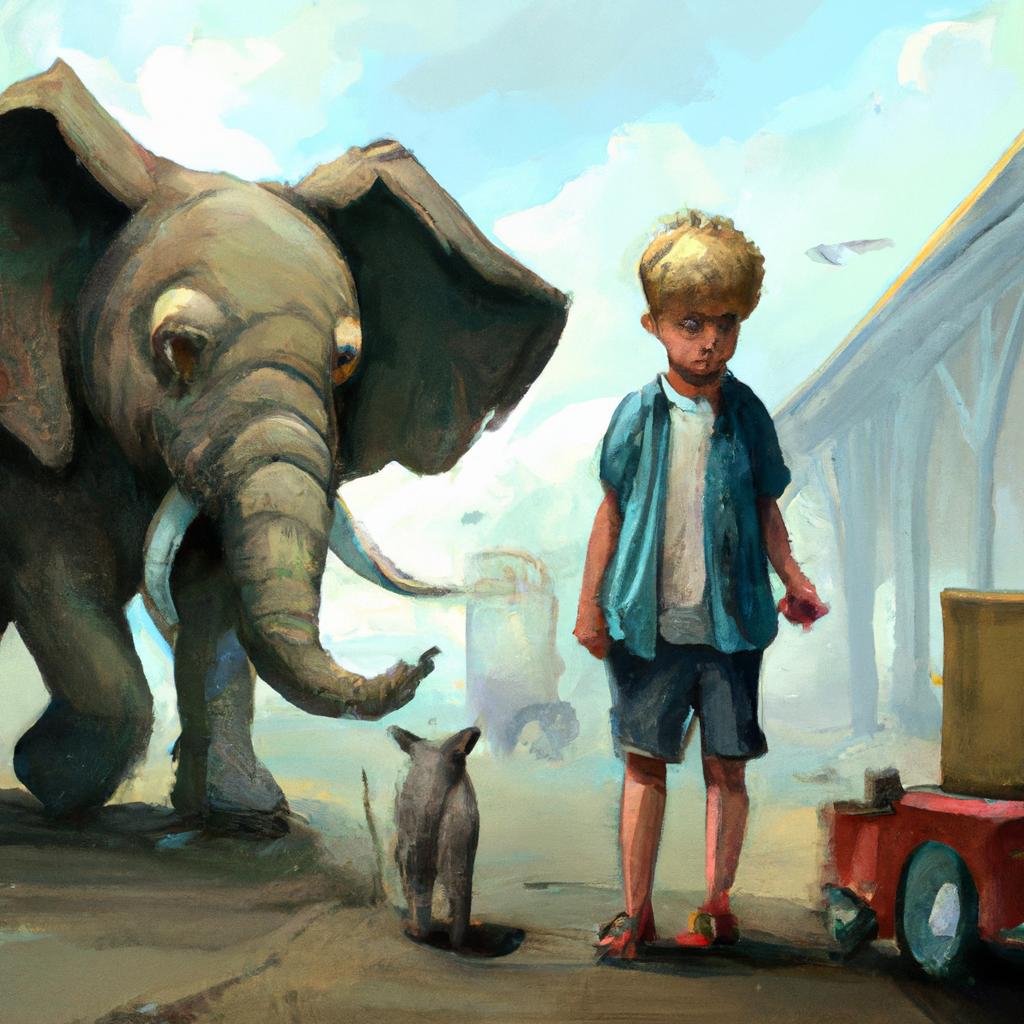 A curious boy with a toy car, a fluffy cat, and a friendly elephant embarking on a journey.