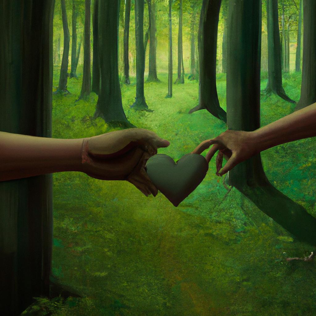 A heart symbol and a calorie symbol holding hands, walking through a lush green forest.