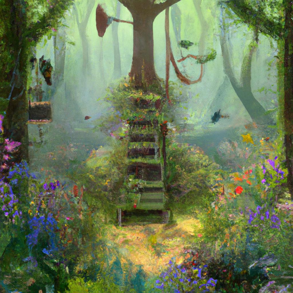 An enchanted forest with colorful flowers and magical creatures all around, where Made-self Spirit lives happily dancing with butterflies and singing with birds.