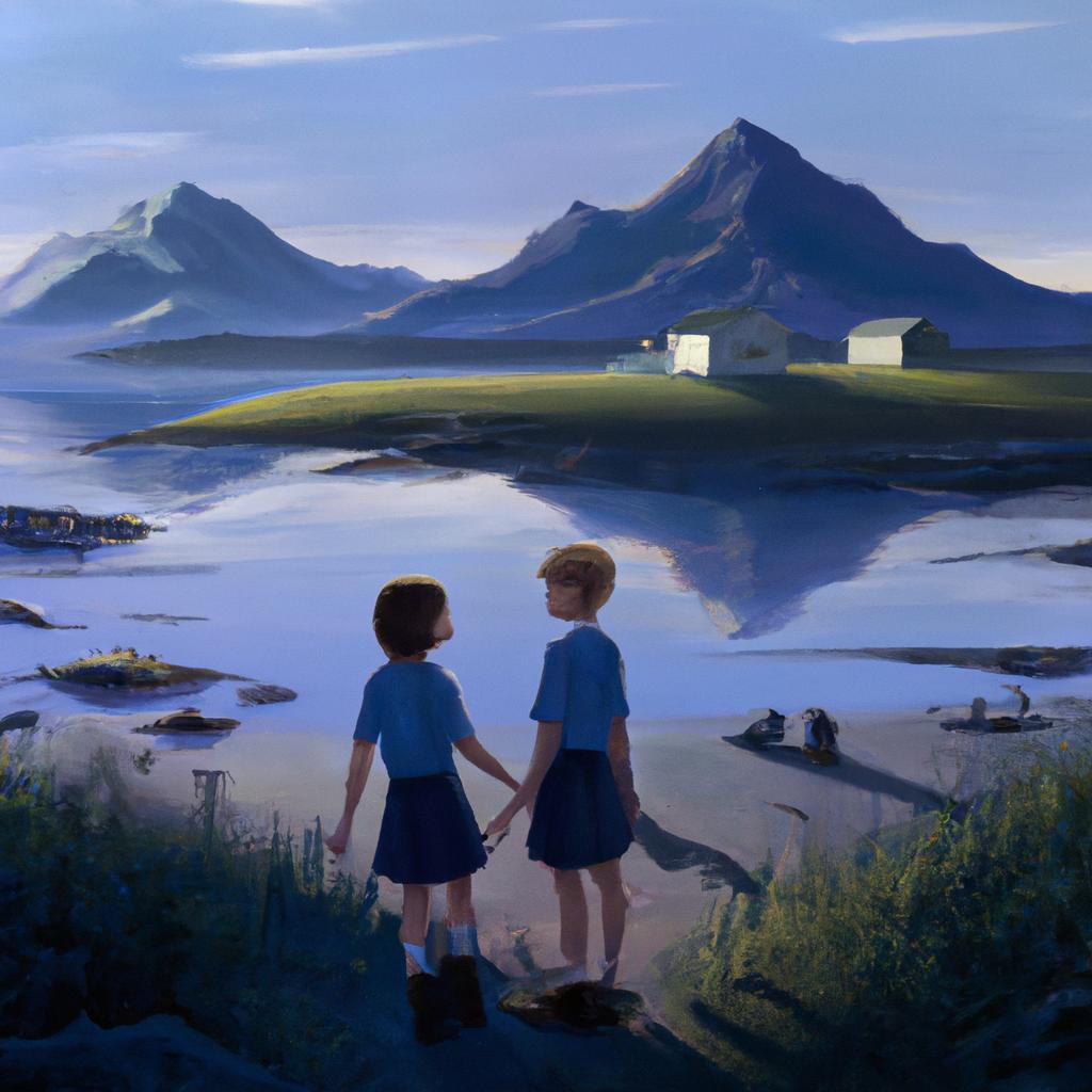 Two children, Tilly and Tom, standing at the edge of a crystal-clear lake surrounded by tall mountains in a small village.