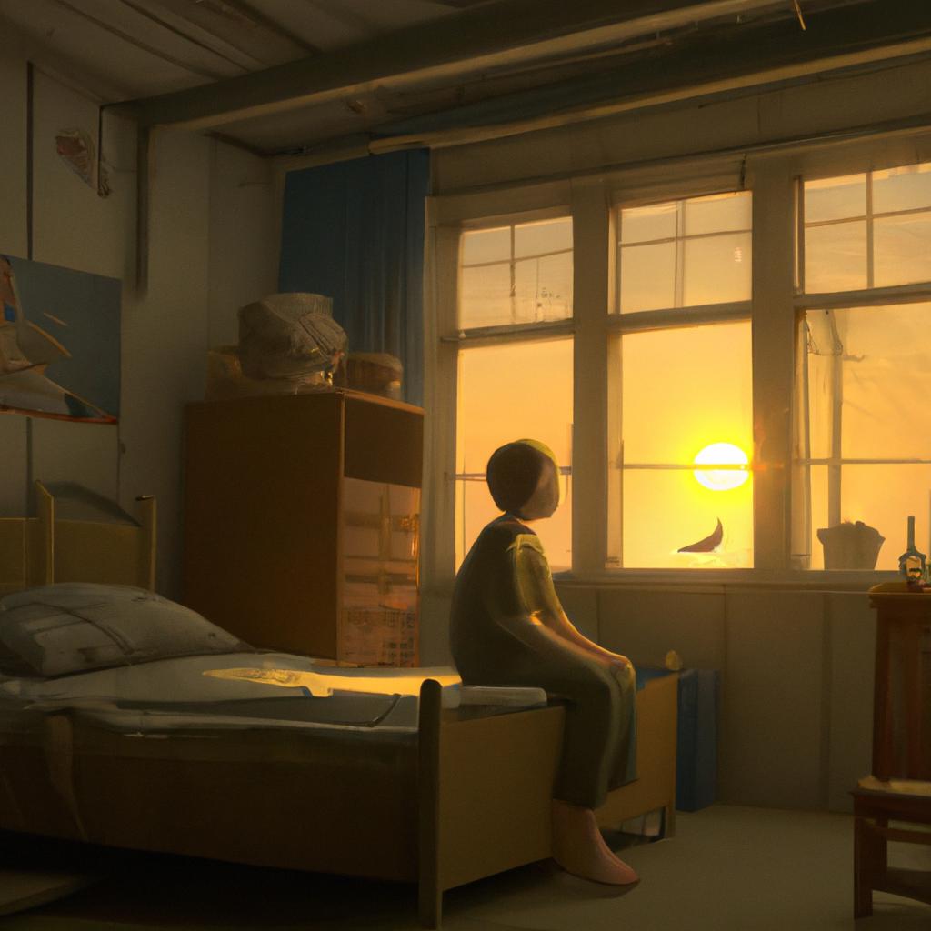 A boy waking up in the morning with the sun shining through his window, birds chirping outside.