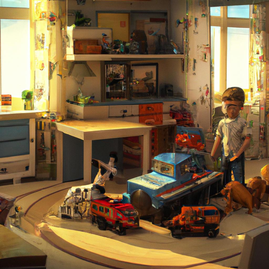 A young boy playing with Paw Patrol toys in a colorful room filled with pups and rescue vehicles.