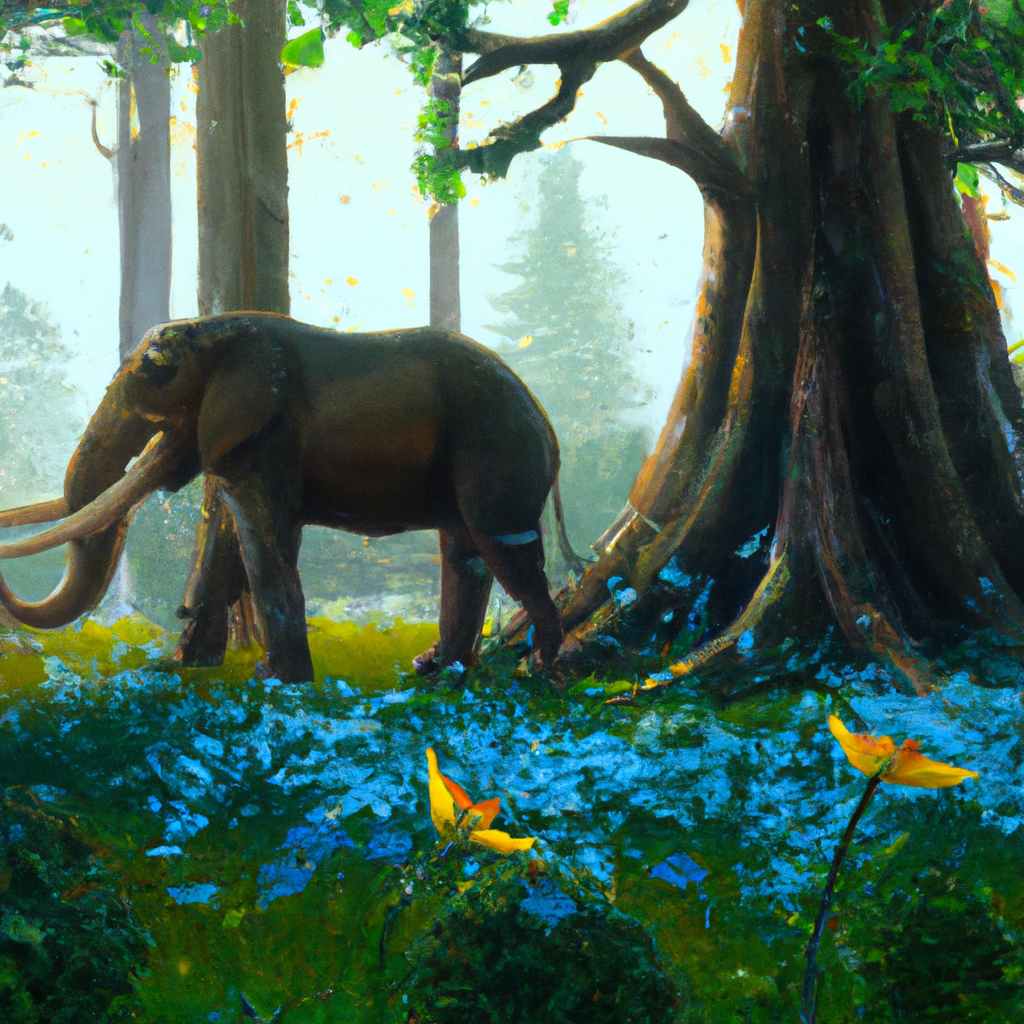 A majestic elephant walking in a lush green forest surrounded by tall trees and colorful flowers.