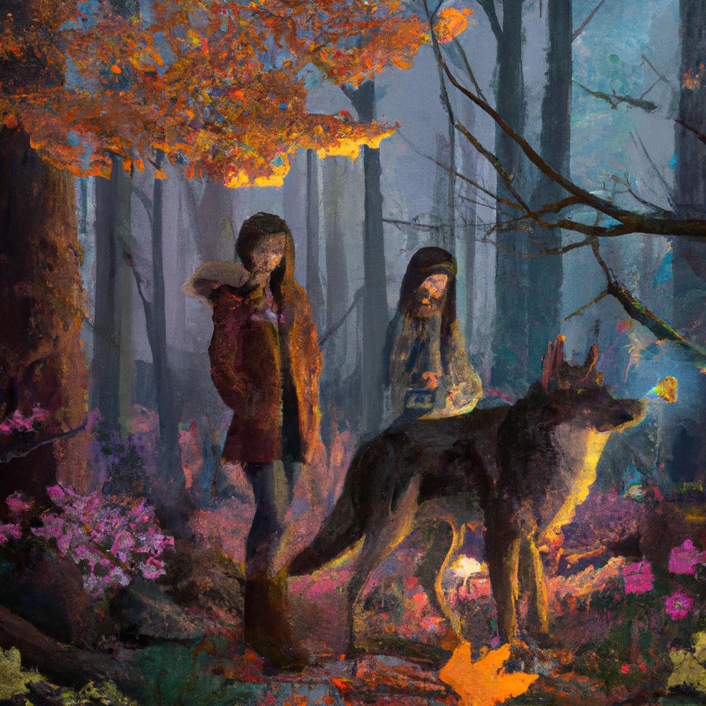 Two friends, a girl with long braided hair and a wolf, exploring a magical forest filled with colorful trees and mystical creatures.