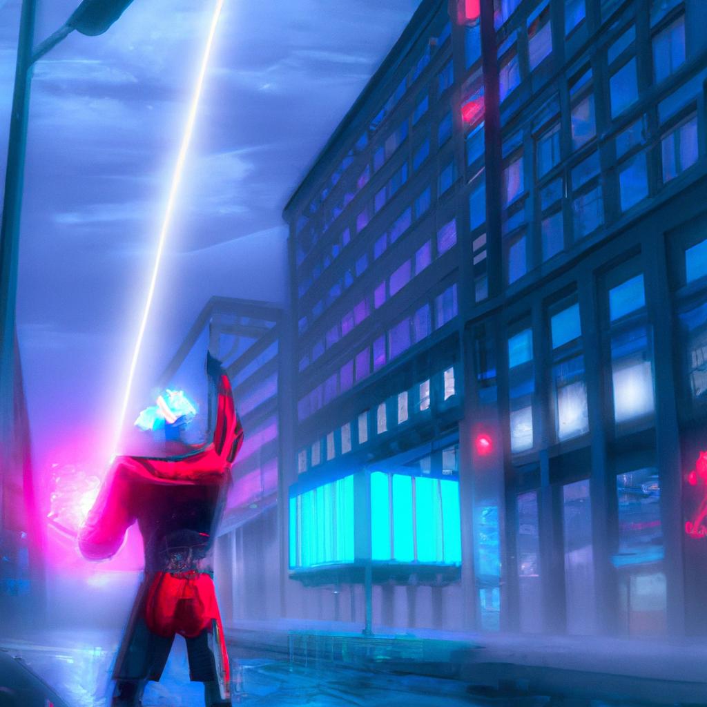 A superhero with glowing hands shooting beams of light, illuminating the dark city streets.