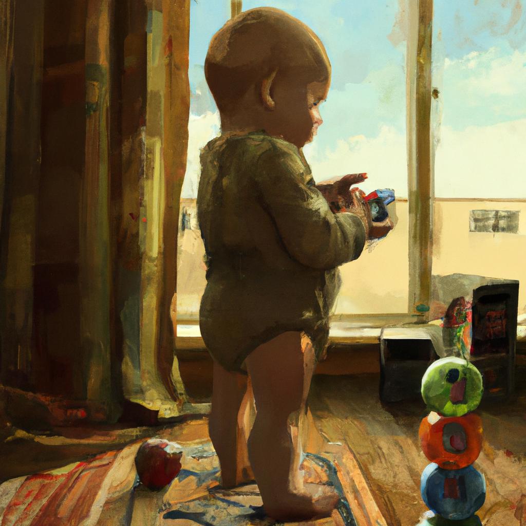A cozy nursery with a little baby with chubby cheeks and bright eyes playing with colorful toys.