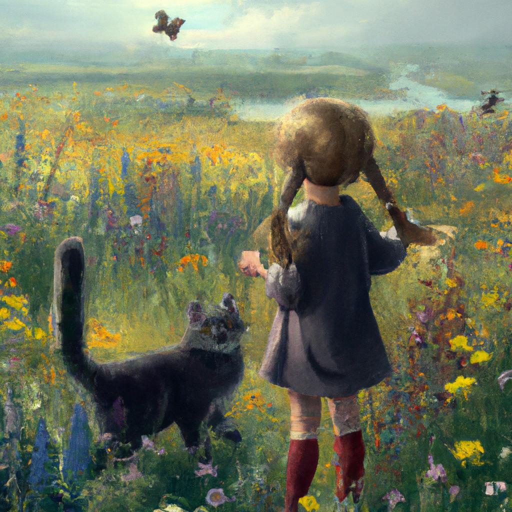 A little girl with pigtails and a fluffy cat exploring a meadow filled with colorful flowers and butterflies.