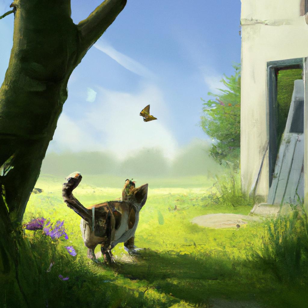 A curious little cat exploring a backyard, chasing butterflies and climbing trees under the sunlight.