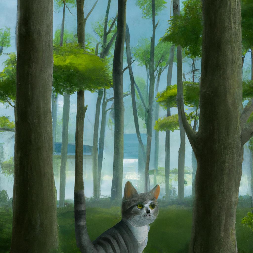 A curious cat named Whiskers exploring tall, lush green trees in a forest setting.