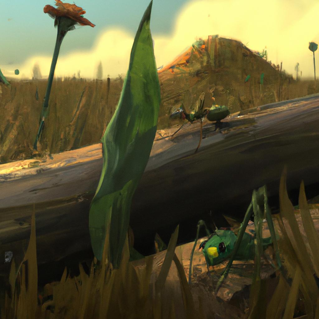 An ant carrying food in a field while a grasshopper lounges lazily in the sun.