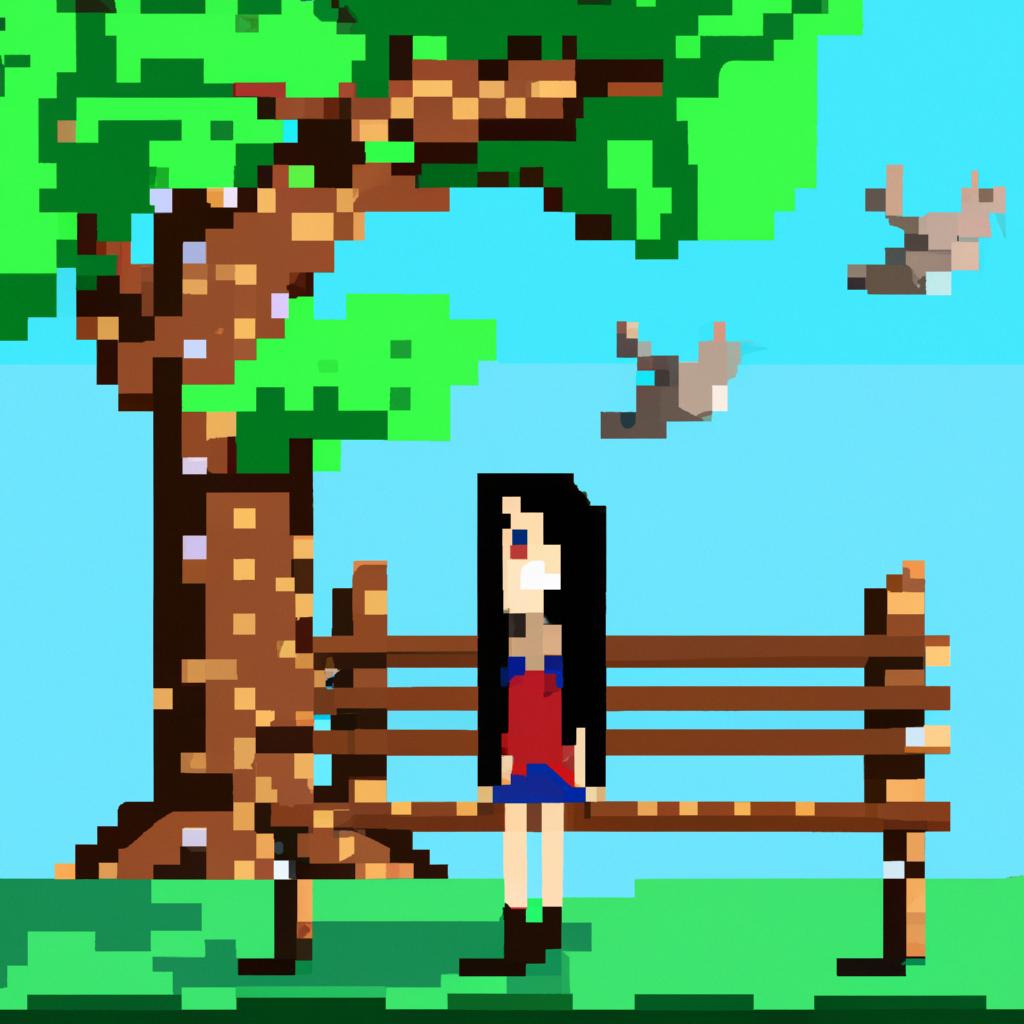 A beautiful young girl sitting on a bench, watching an amazing view with trees and birds around.