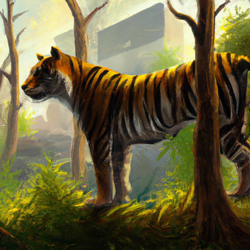 A large tiger with golden stripes standing proudly in a dense jungle.